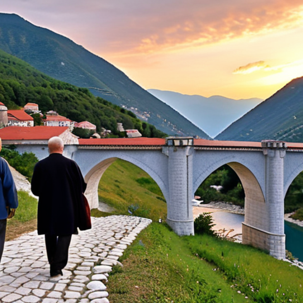 A poignant depiction of the historical and human connection between Montenegro and Kosovo. The image features a symbolic bridge spanning a gentle valley, connecting traditional Montenegrin architecture on one side with contemporary Kosovar elements on the other. Diverse people, old and young, from both nations are seen interacting casually, exchanging goods, and sharing smiles, reflecting cultural exchange and the overcoming of past divisions. Majestic Balkan mountains rise in the background under a soft, unifying dawn sky, symbolizing a shared past and a hopeful, peaceful future built on mutual understanding.
