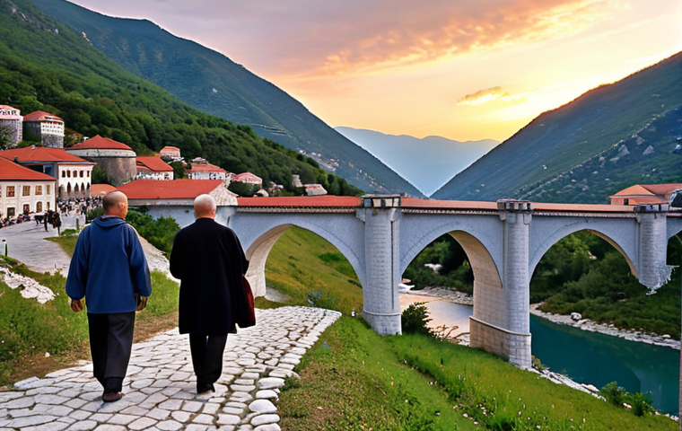 A poignant depiction of the historical and human connection between Montenegro and Kosovo. The image features a symbolic bridge spanning a gentle valley, connecting traditional Montenegrin architecture on one side with contemporary Kosovar elements on the other. Diverse people, old and young, from both nations are seen interacting casually, exchanging goods, and sharing smiles, reflecting cultural exchange and the overcoming of past divisions. Majestic Balkan mountains rise in the background under a soft, unifying dawn sky, symbolizing a shared past and a hopeful, peaceful future built on mutual understanding.