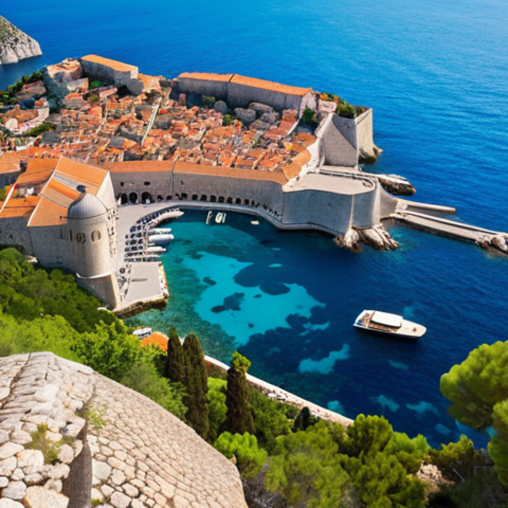 A vibrant, high-angle drone shot capturing the stunning Adriatic coastline, where Montenegro's dramatic fjords and historic Kotor Bay blend seamlessly into Croatia's iconic Dubrovnik panorama. Emphasize the crystal-clear turquoise waters, ancient stone architecture, and modern yachts, illustrating the harmonious flow of coastal tourism and the shared beauty that draws visitors to both nations. The scene should convey a sense of bustling yet sustainable activity, with a warm, Mediterranean glow.