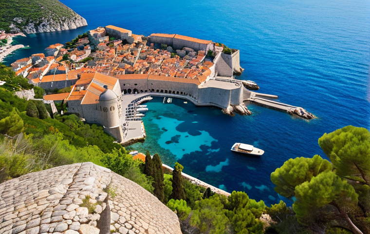 A vibrant, high-angle drone shot capturing the stunning Adriatic coastline, where Montenegro's dramatic fjords and historic Kotor Bay blend seamlessly into Croatia's iconic Dubrovnik panorama. Emphasize the crystal-clear turquoise waters, ancient stone architecture, and modern yachts, illustrating the harmonious flow of coastal tourism and the shared beauty that draws visitors to both nations. The scene should convey a sense of bustling yet sustainable activity, with a warm, Mediterranean glow.