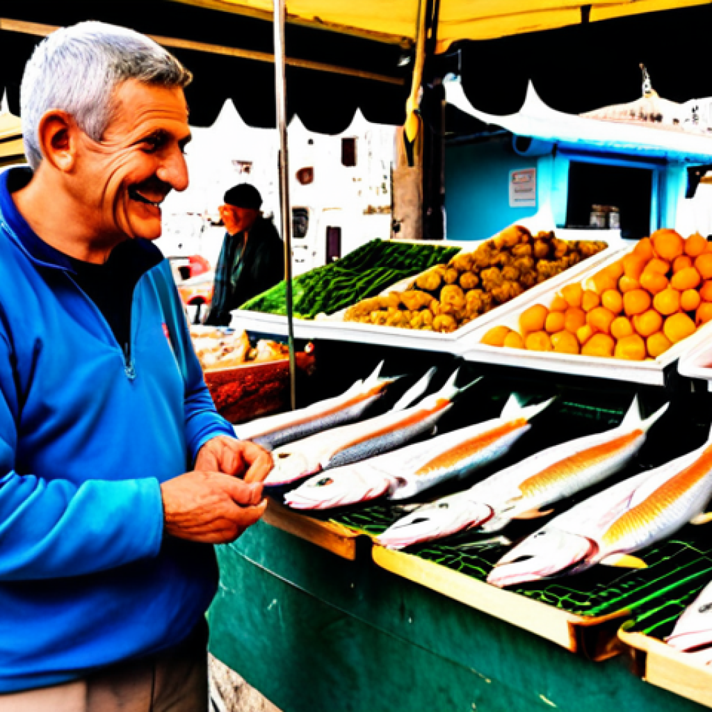 A male traveler, fully clothed in modest casual wear, engages in a friendly conversation with an older local fish vendor at a bustling outdoor market in Kotor, Montenegro. The vendor, also fully clothed in appropriate work attire, smiles with recognition as the traveler attempts to speak the local language, creating a warm moment of connection. Fresh fish and local produce are displayed on the market stall. The scene highlights genuine cultural immersion and communication. Professional photography, natural pose, perfect anatomy, correct proportions, well-formed hands, proper finger count, safe for work, appropriate content, family-friendly.
