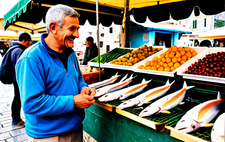 A male traveler, fully clothed in modest casual wear, engages in a friendly conversation with an older local fish vendor at a bustling outdoor market in Kotor, Montenegro. The vendor, also fully clothed in appropriate work attire, smiles with recognition as the traveler attempts to speak the local language, creating a warm moment of connection. Fresh fish and local produce are displayed on the market stall. The scene highlights genuine cultural immersion and communication. Professional photography, natural pose, perfect anatomy, correct proportions, well-formed hands, proper finger count, safe for work, appropriate content, family-friendly.