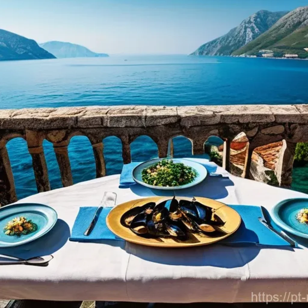 몬테네그로 전통 음식 - **A Coastal Culinary Delight:** A beautifully composed overhead shot of a rustic wooden table set on...