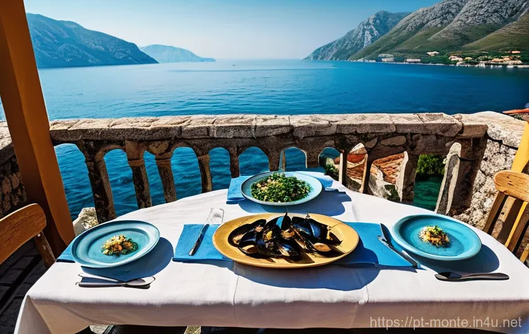 몬테네그로 전통 음식 - **A Coastal Culinary Delight:** A beautifully composed overhead shot of a rustic wooden table set on...