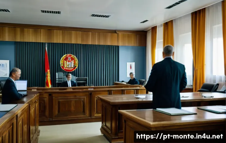 몬테네그로와 EU 가입 논의 - A modern courtroom scene in Montenegro showing a diverse group of judges and lawyers in professional...