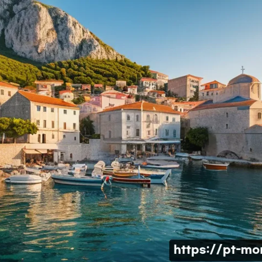 몬테네그로 럭셔리 여행 - A picturesque coastal village in Montenegro during golden hour, featuring narrow cobblestone streets...