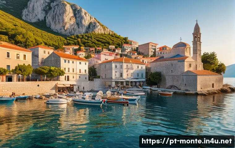 몬테네그로 럭셔리 여행 - A picturesque coastal village in Montenegro during golden hour, featuring narrow cobblestone streets...