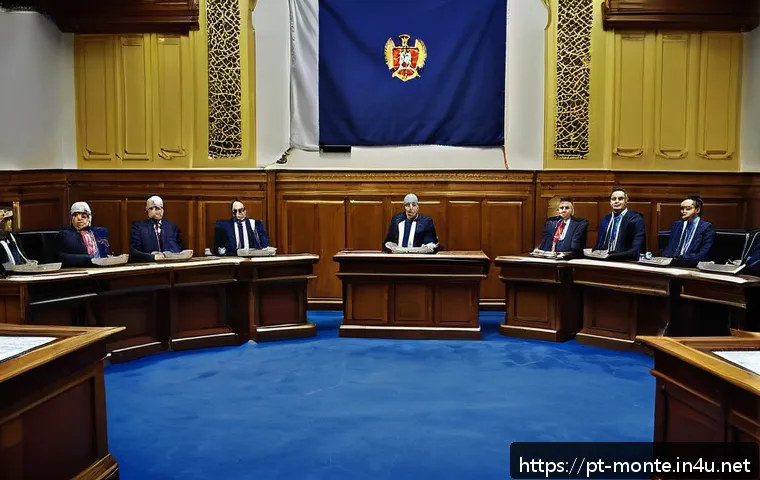 몬테네그로 정치 스캔들 - A tense political debate scene in Montenegro’s parliamentary chamber, featuring diverse politicians ...