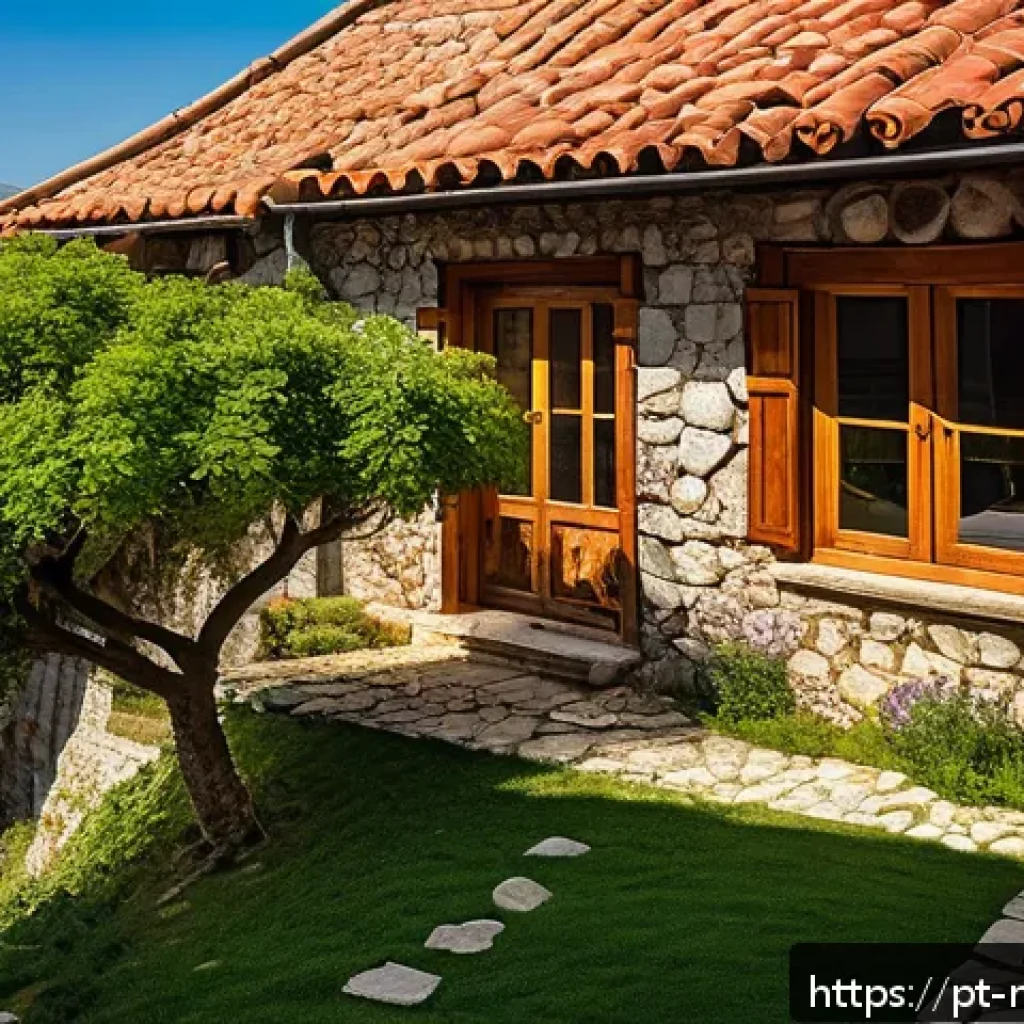 몬테네그로 전통 건축 양식 - A traditional Montenegrin stone house nestled on a mountainous slope, constructed with thick, irregu...
