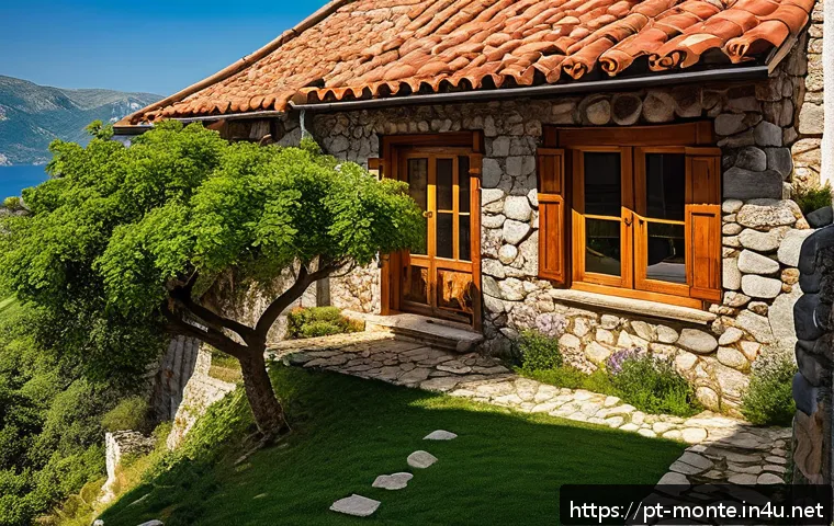 몬테네그로 전통 건축 양식 - A traditional Montenegrin stone house nestled on a mountainous slope, constructed with thick, irregu...