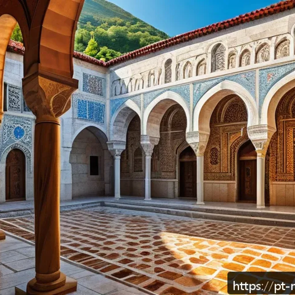몬테네그로 무슬림 공동체 - A detailed scene of a historic Ottoman-era mosque in Montenegro, showcasing intricate architectural ...
