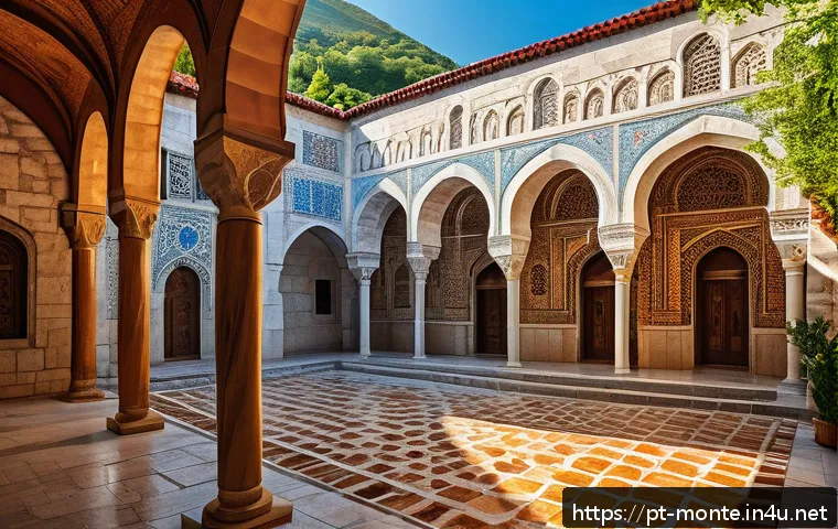 몬테네그로 무슬림 공동체 - A detailed scene of a historic Ottoman-era mosque in Montenegro, showcasing intricate architectural ...