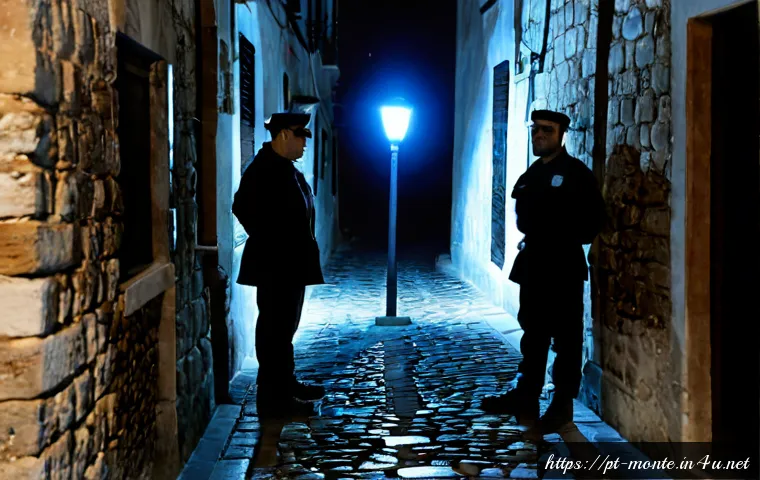 Home 17 몬테네그로 유명 범죄 사건 - Photorealistic nighttime crime investigation scene in Montenegro’s coastal old town, two forensic de...