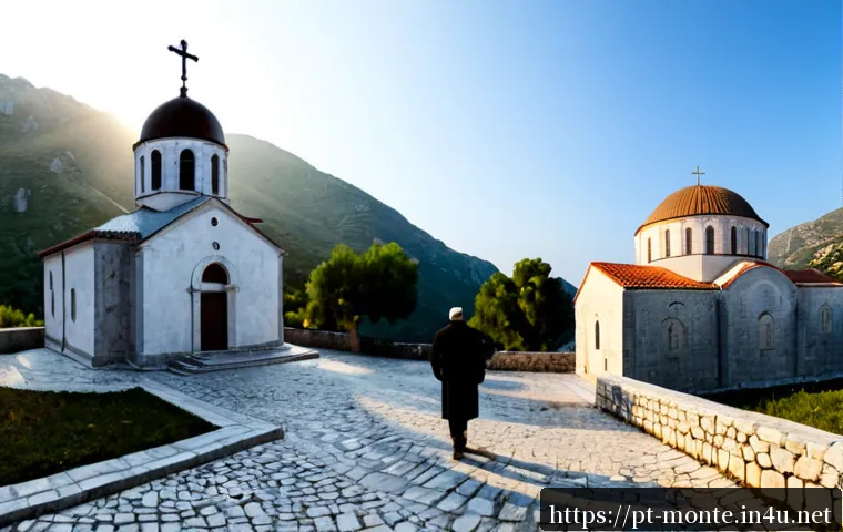 몬테네그로 정교회 역사 - Photorealistic panoramic view of an ancient Eastern Orthodox monastery in Montenegro, weathered pale...